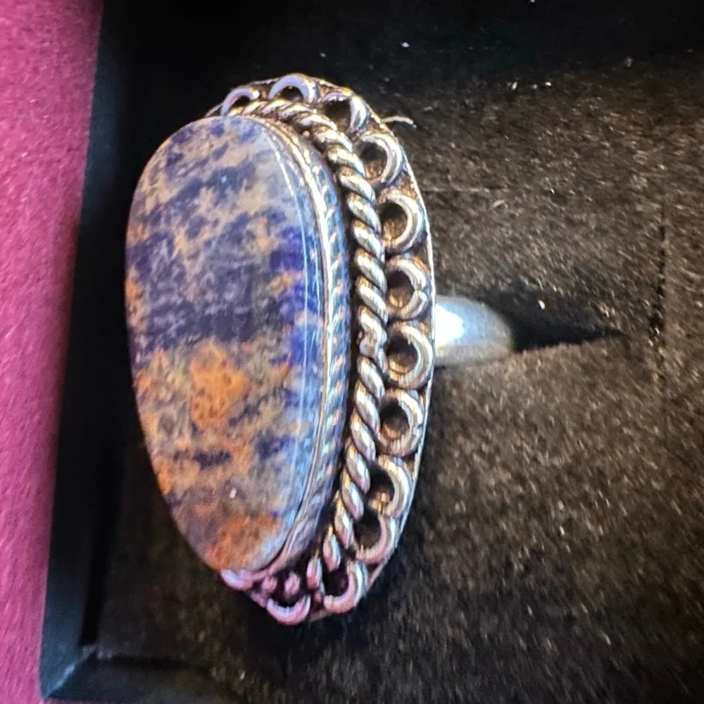 Blue Sodalite Teardrop Shape Stone Silver Plated Brass Adjustable Ring - Picture 3 of 10